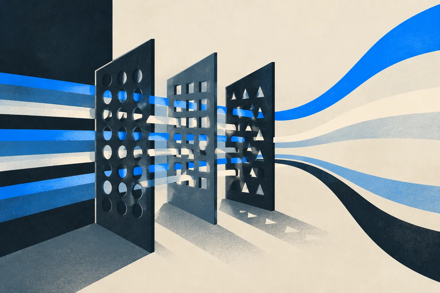 Abstract geometric illustration of blue and cream ribbons passing through three navy panels with circular, square and triangular openings.