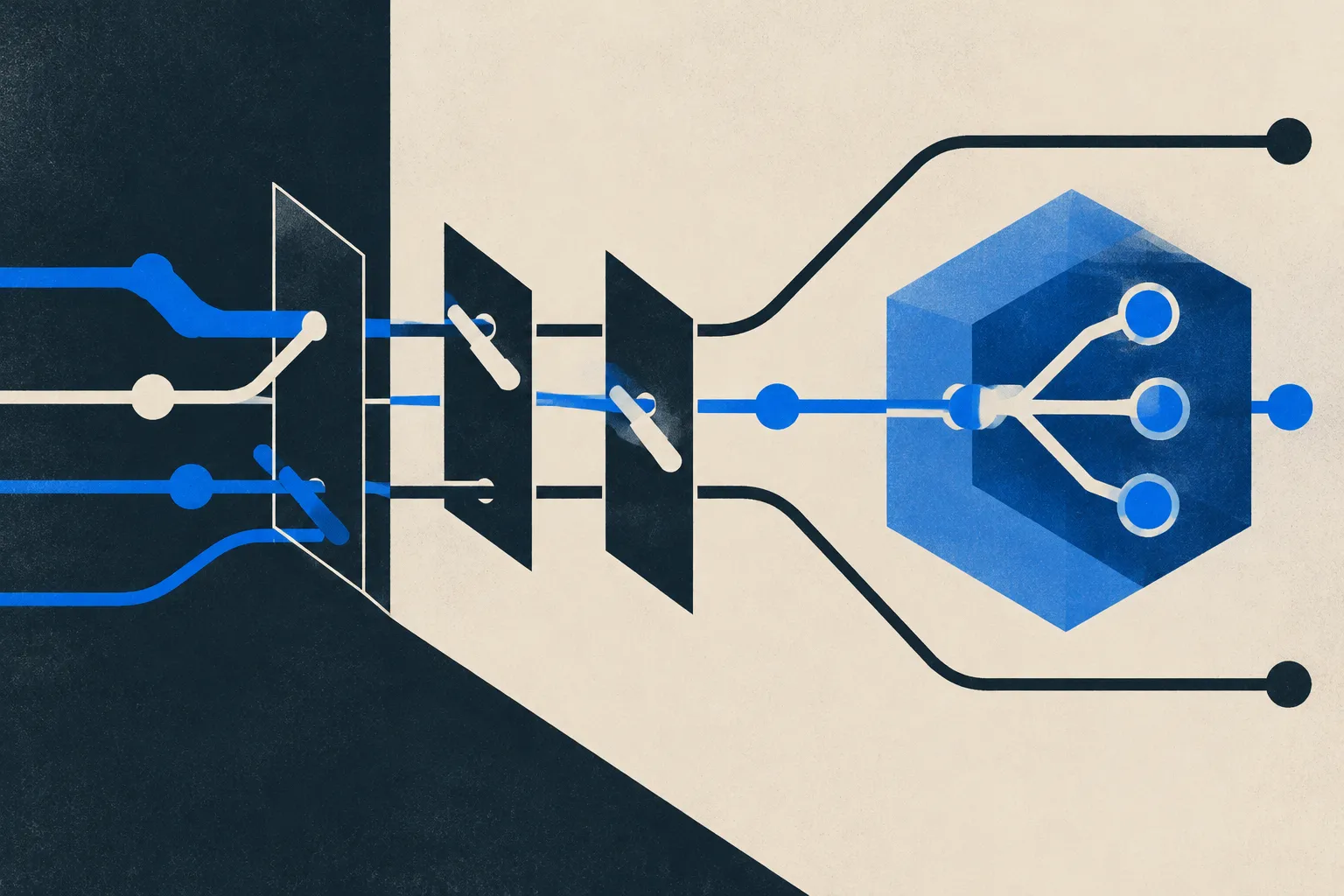 Abstract navy, cobalt and cream illustration of lines passing through geometric panels and branching inside a blue hexagonal form.