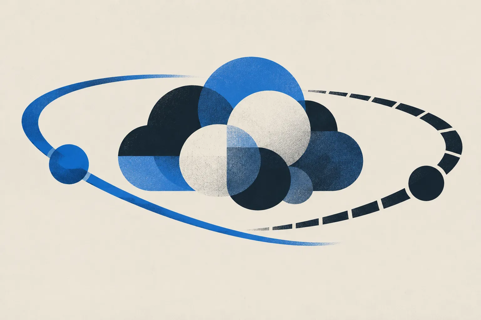 Abstract cluster of overlapping navy, cobalt and cream circles surrounded by a solid blue arc and a segmented navy arc on a warm cream background.
