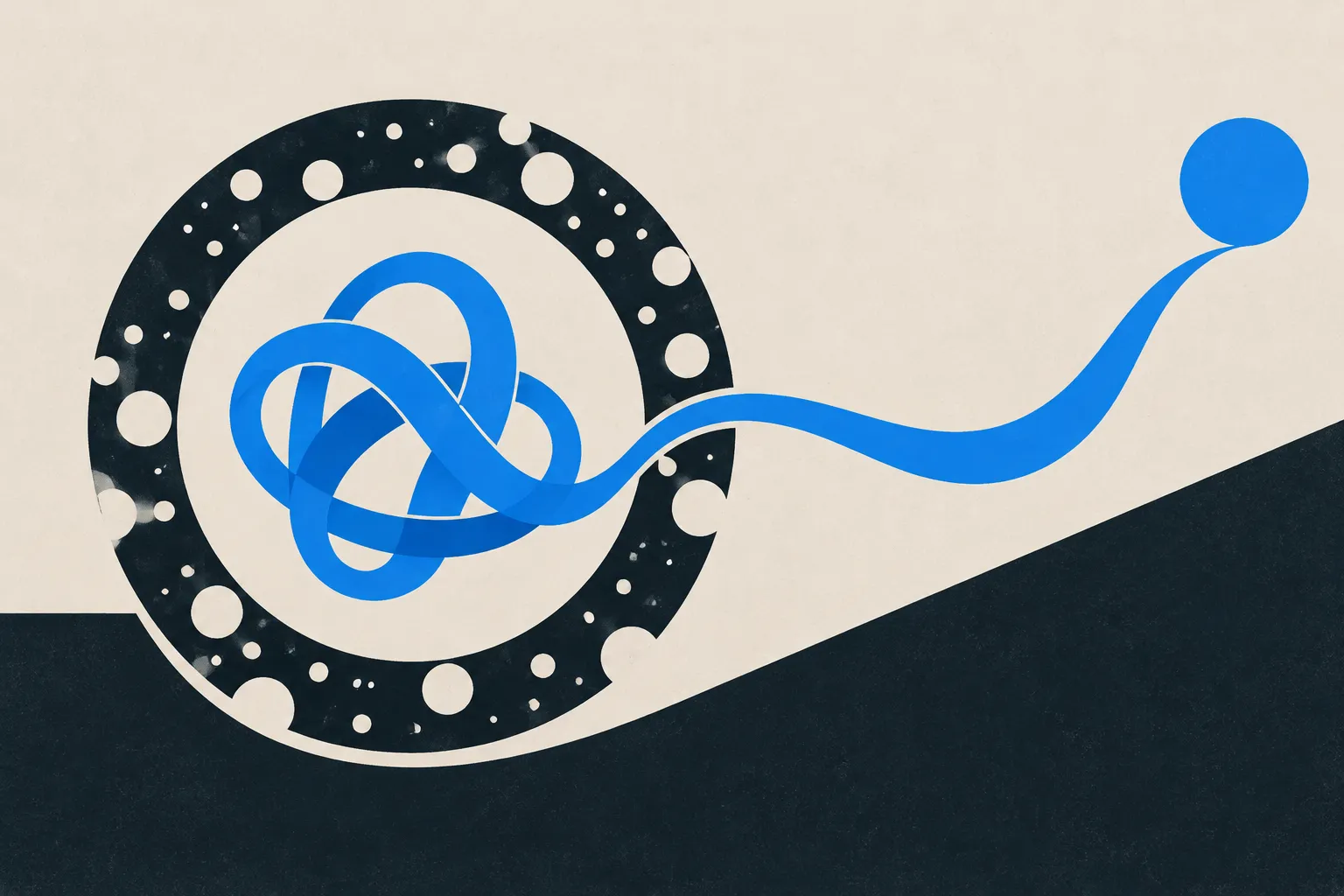 Abstract matte illustration of a cobalt ribbon looping inside a perforated navy ring, then extending toward a blue circle on a warm cream background.