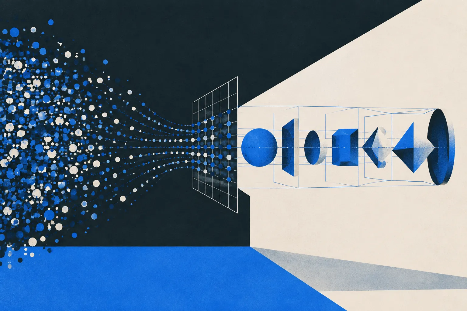 Abstract navy, cobalt and cream illustration of scattered dots converging through a grid into a sequence of geometric solids.