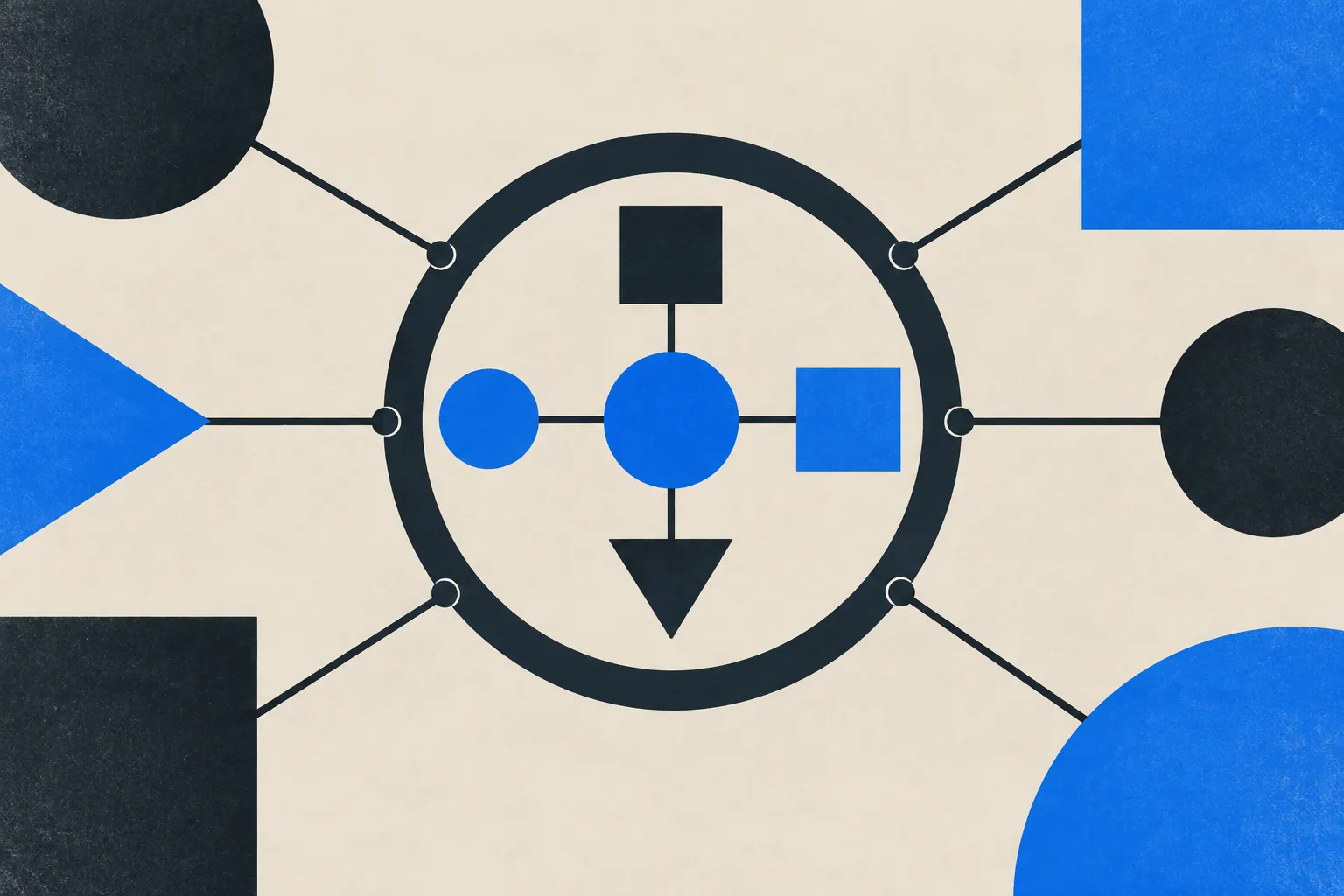 Abstract geometric illustration of blue and navy circles, squares and triangles connected by thin lines around a navy ring on a warm cream background.
