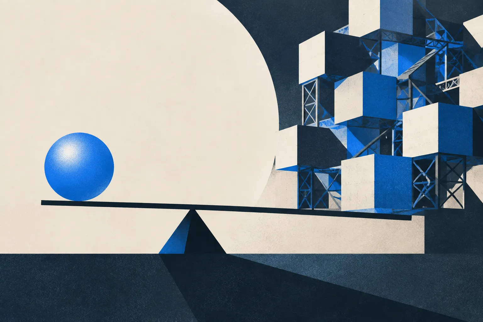 Abstract geometric illustration of a blue sphere balanced against a towering stack of blocks and trusses on a navy seesaw, against a warm cream background.