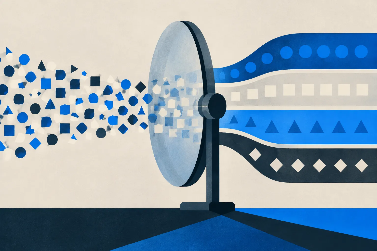 Abstract geometric illustration of scattered shapes passing through a circular filter into orderly bands of circles, squares, triangles and diamonds, in navy, blue and warm cream.
