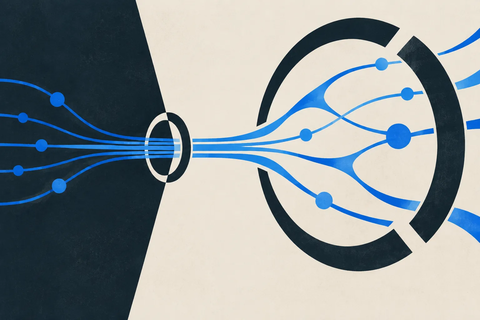 Abstract cobalt lines and dots converge through a small ring, then branch across a larger segmented navy ring on a warm cream background.