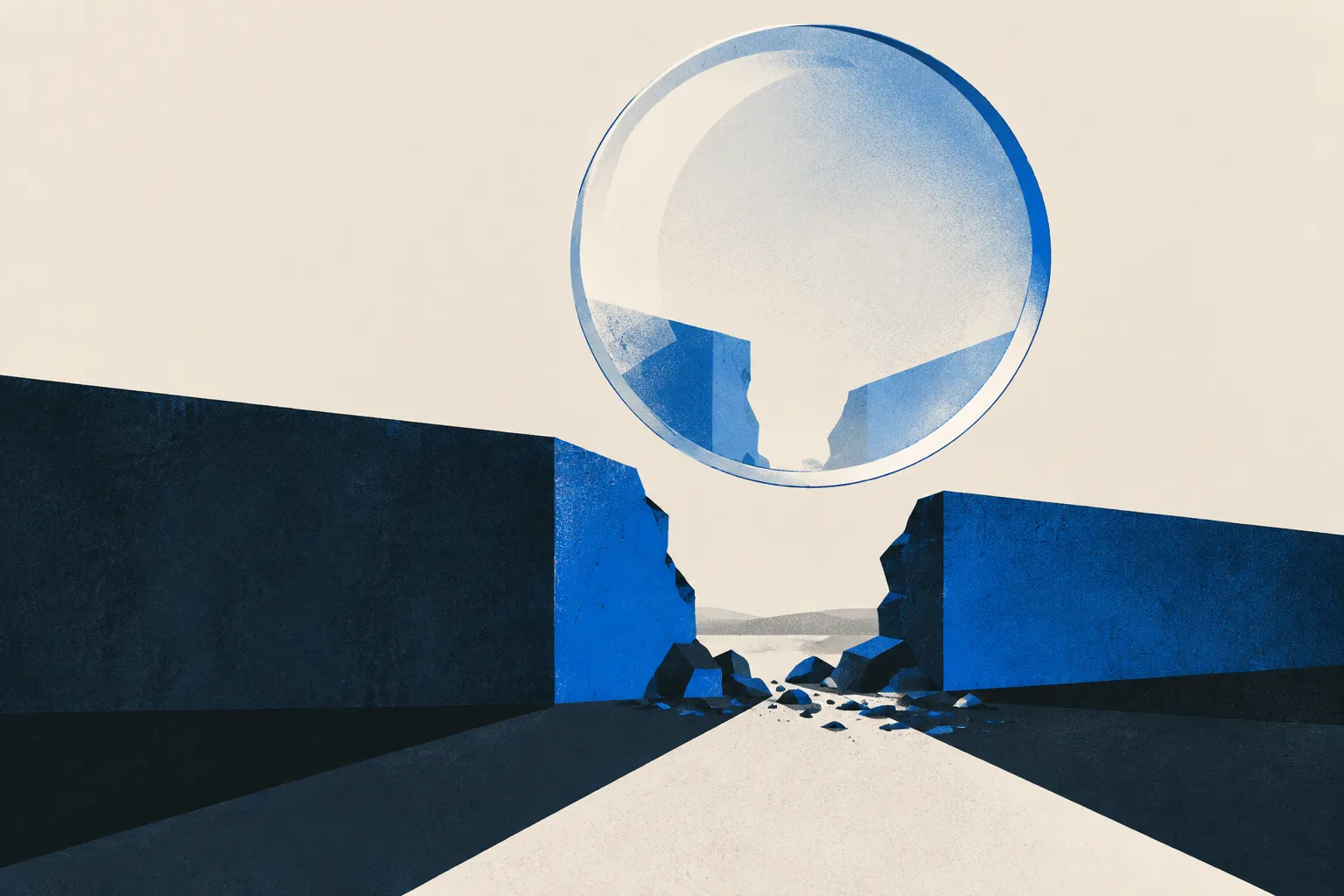 Abstract geometric illustration of a large blue-rimmed circle suspended above a broken navy and cobalt barrier, with scattered fragments on a warm cream background.