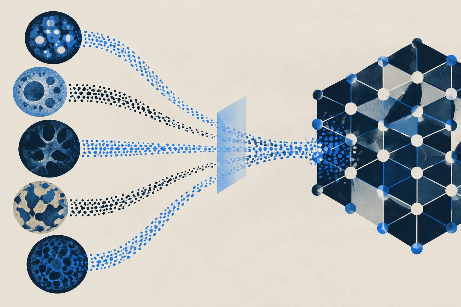 Five textured circles send dotted streams through a translucent plane into a geometric lattice, rendered in navy, blue and warm cream.