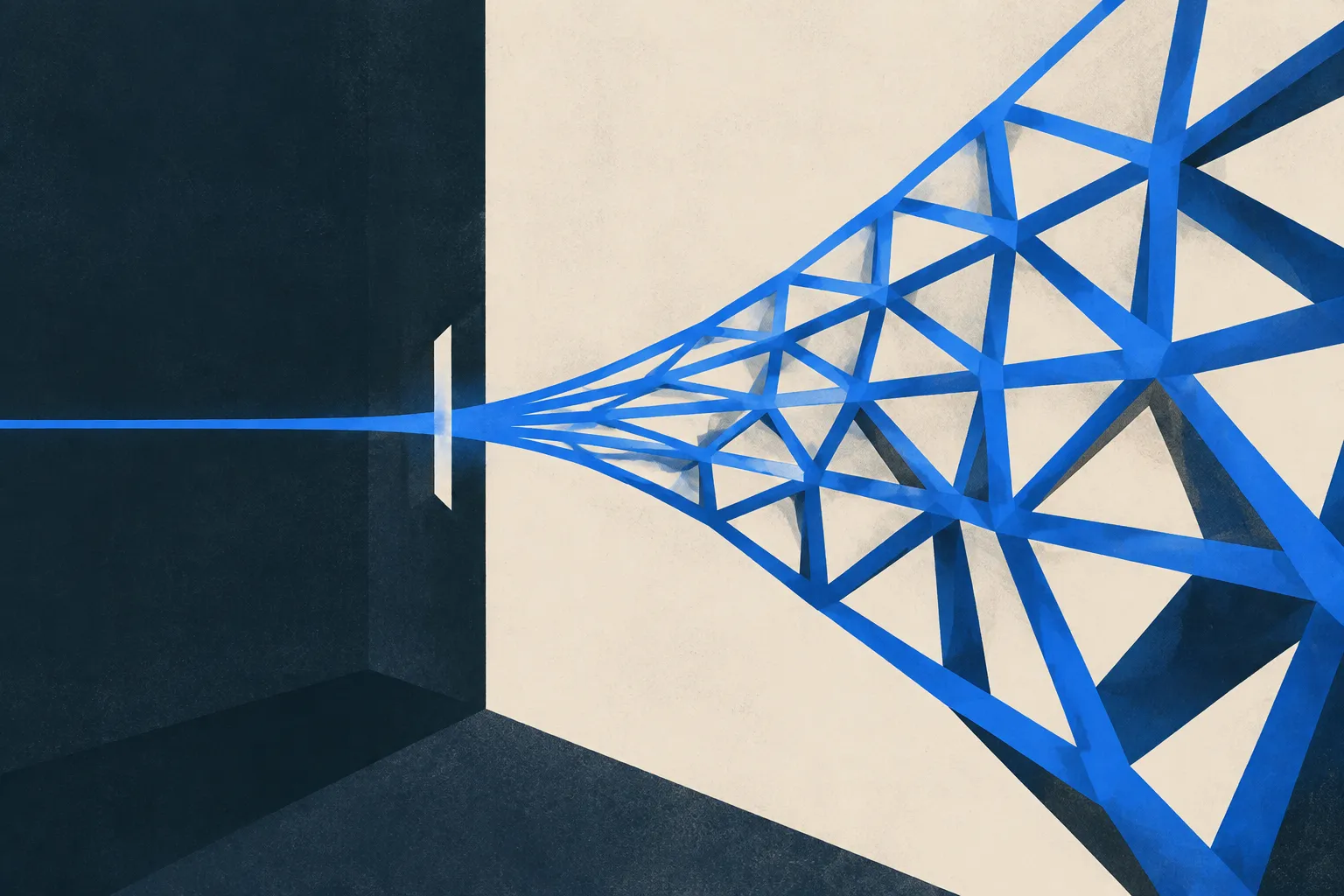 A cobalt line passes through a narrow cream opening and expands into a triangular lattice against navy and warm-cream geometric planes.
