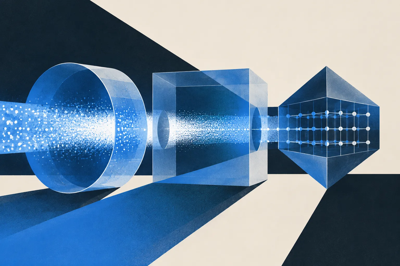 Abstract geometric illustration of a stream of particles passing through a blue ring and rectangular block into a faceted lattice, against navy and warm-cream shapes.