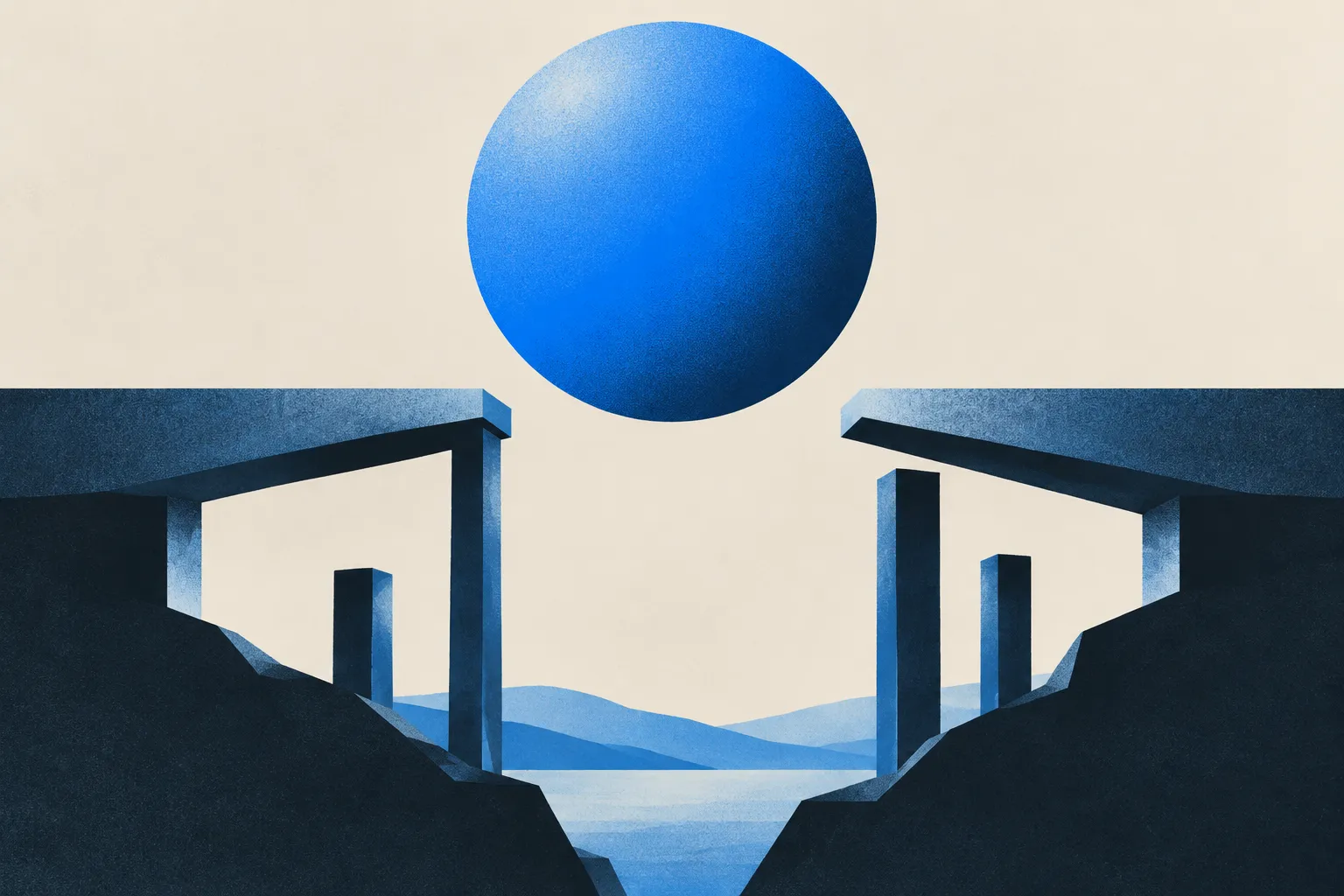 A large cobalt-blue sphere floats above a gap between angular navy structures, with textured blue layers against a warm cream background.