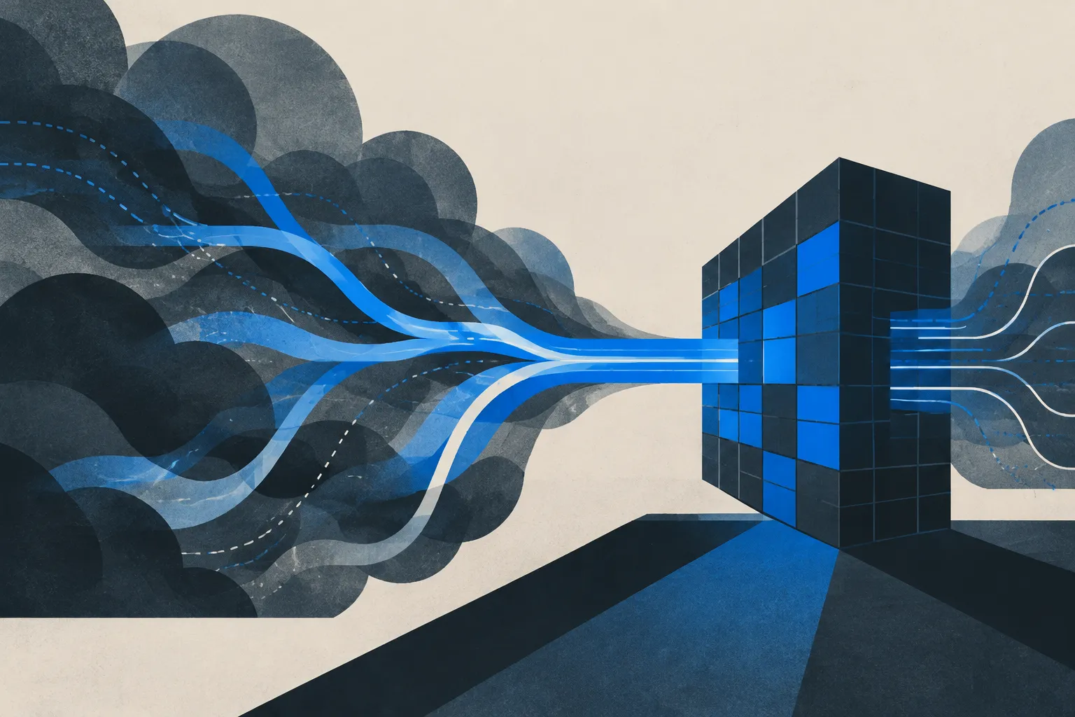 Abstract matte illustration of blue and cream streams converging through a navy geometric wall, surrounded by overlapping dark circles.